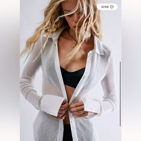 Free People White Siggi Open Knit Button Down Shirt Top Small - Picture 3 of 8